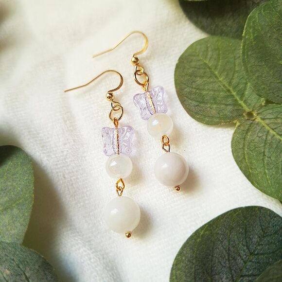 Fairycore Butterfly Glass & White Chalcedony Drop Earrings – 24k Gold Plated - Picture 4 of 9